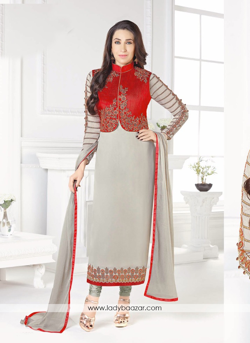 Demure Grey Georgette Embroidery Work Designer Suit