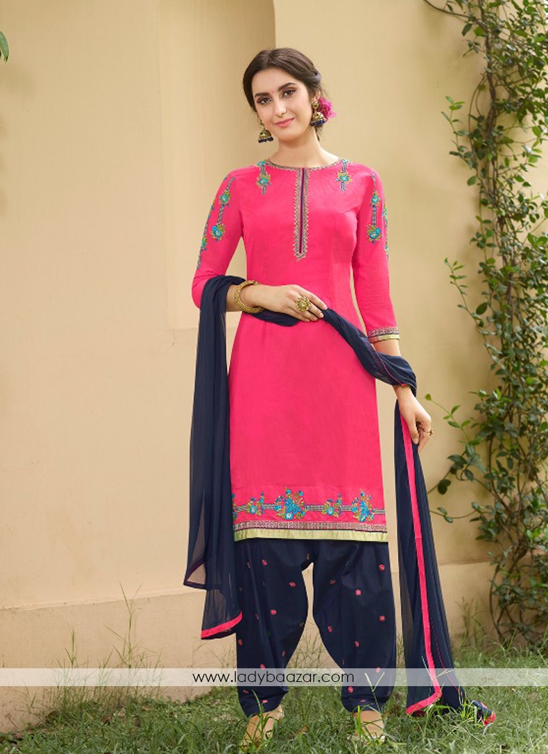 Demure Pink With Black Cotton Embroidery Work Patiyala Suit