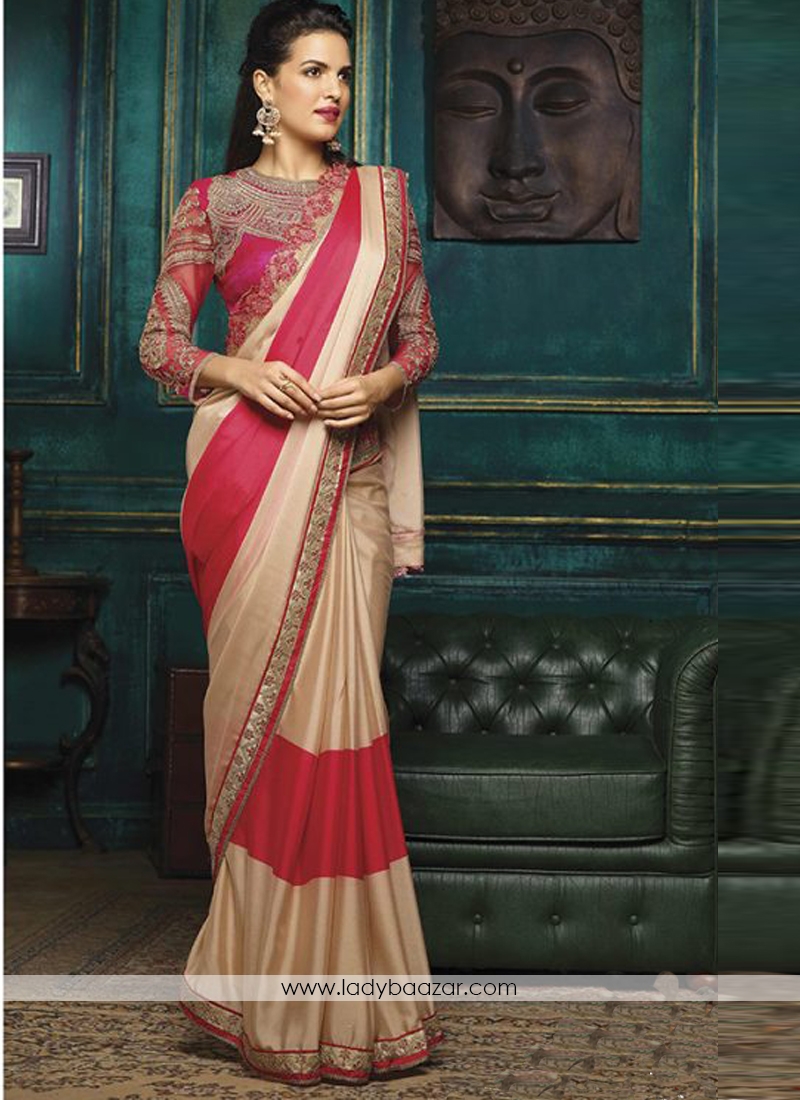 Deserving Embroidery Work Beige And Red Designer Half N Half Saree