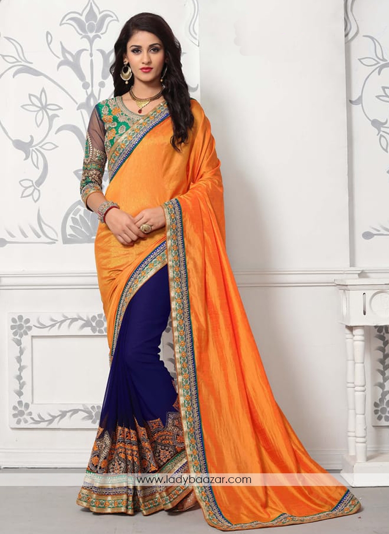 Deserving Embroidery Work Orange And Blue Designer Half N Half Saree