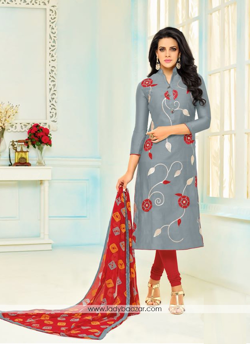 Deserving Grey Chanderi Printed Salwar Kameez