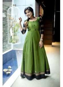 Designer Green Colored Party Wear Readymade Cotton Gown