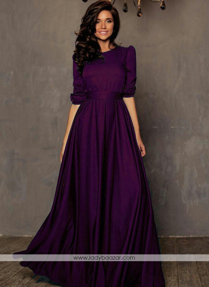 Designer Purple Tapeta Silk Floor Length Dress With Belt