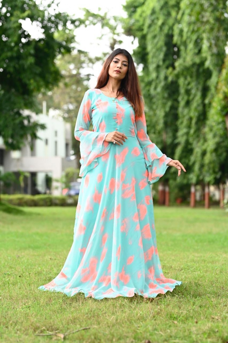 Digital Printed Designer Wear Bell Sleev Long Faux Georgette Gown