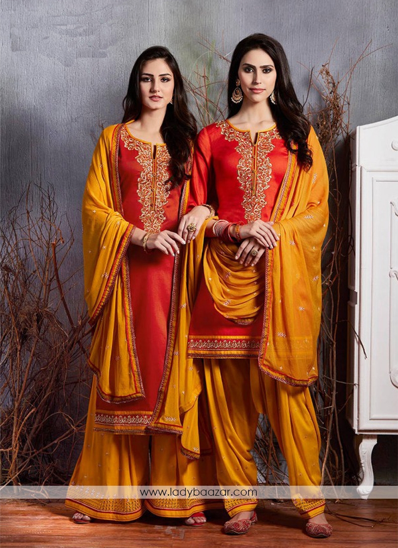 Dignified Embroidery Work Satin Designer Patiala Suit