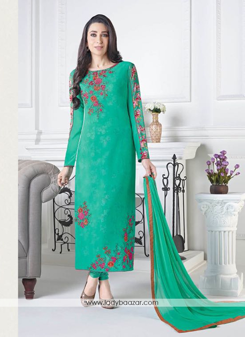 Dignified  Green Crepe Embroidery Work Straight Suit