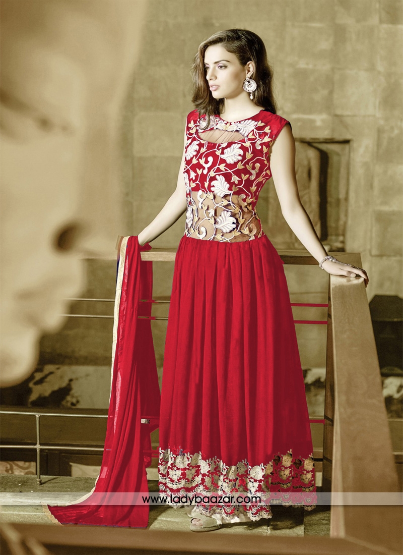 Distinctive Embroidered Work Georgette and Net Tomato Red Designer Gown