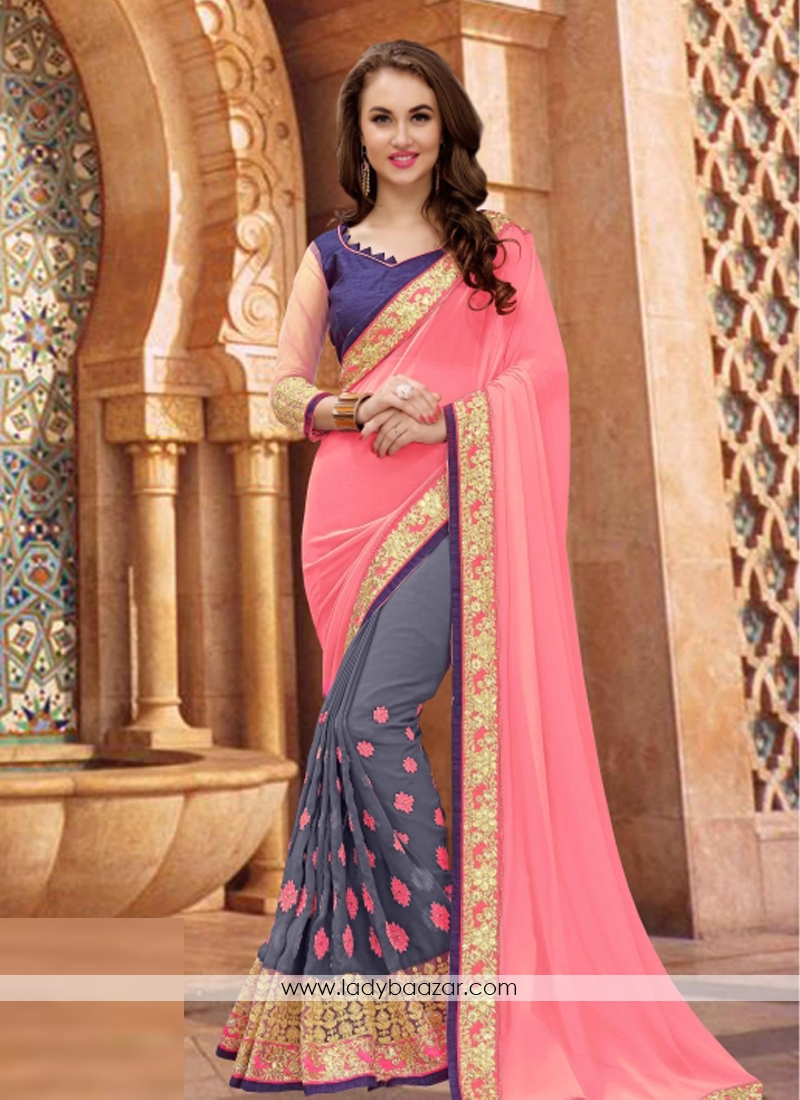 Distinctive Georgette Embroidered Work Designer Half N Half Saree