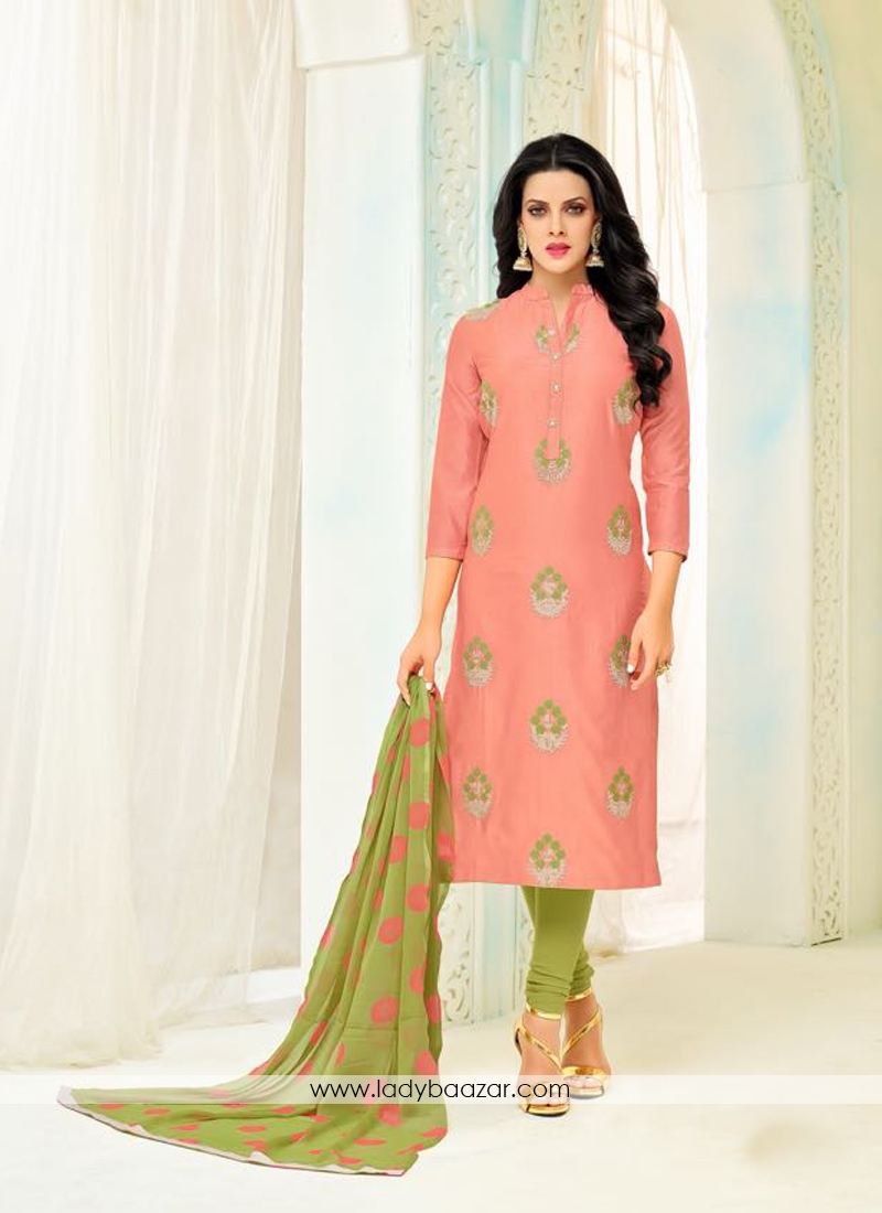 Distinctive Orange Chanderi Embroidery Work Churidar Salwar Kameez