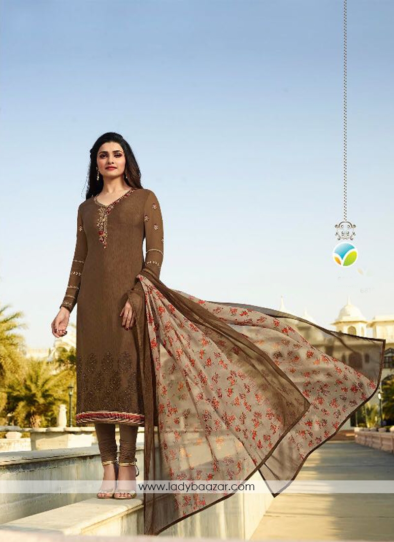 Distinguishable Embroidered Work Crepe Brown Churidar Suit