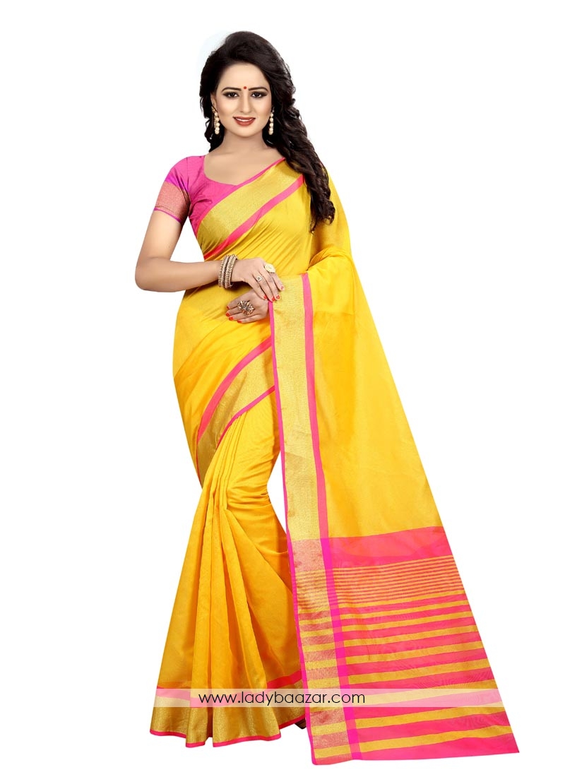 Divine Yellow Cotton Silk Printed Casual Saree