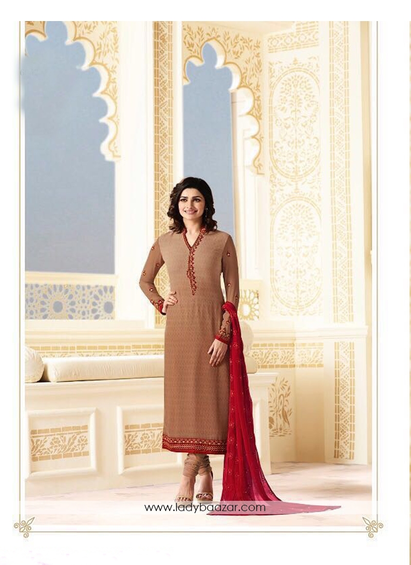 Elegant Brown Georgette Printed N Embroidery Work Dress