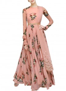 Embroidered Designer Wear Peach Digital Floral Printed Gown