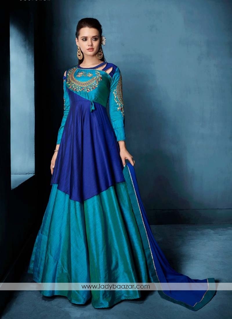 Embroidered Morvi Silk Floor Length Anarkali Suit In Blue