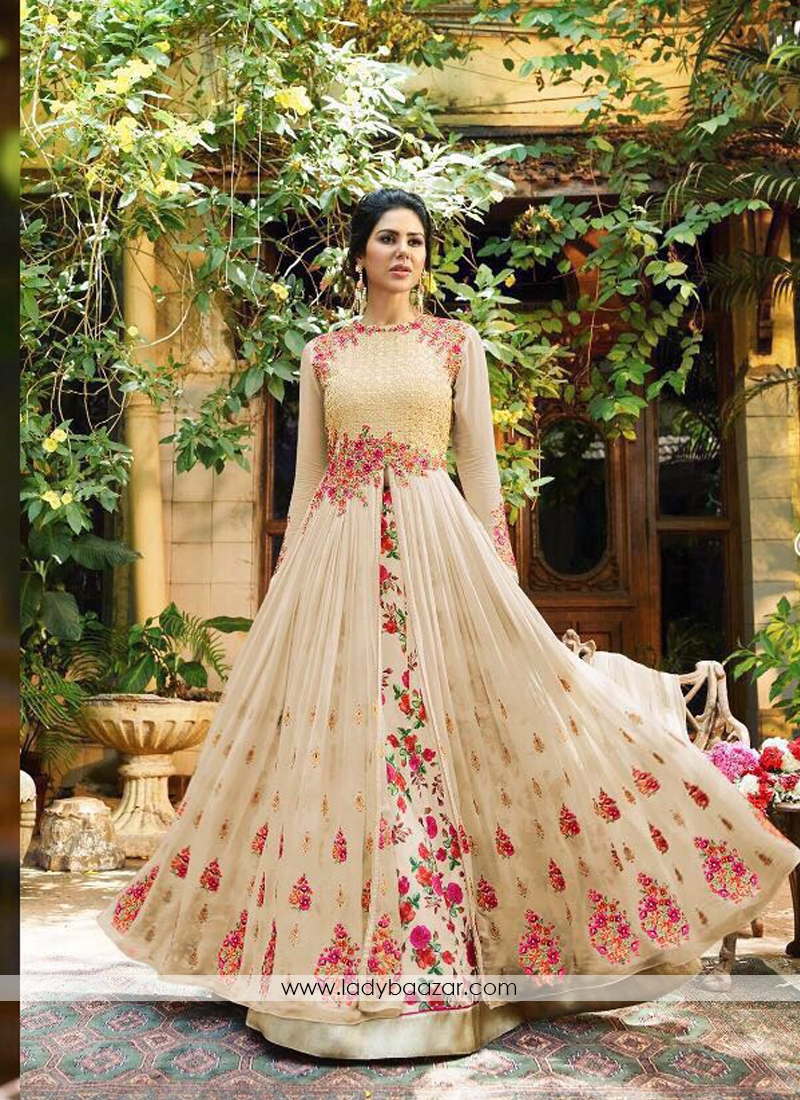 Embroidery  Work Georgette Cream Floor Length Anarkali Suit