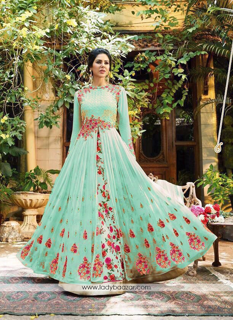 Embroidery  Work Georgette  Turquoise Floor Length Anarkali Suit