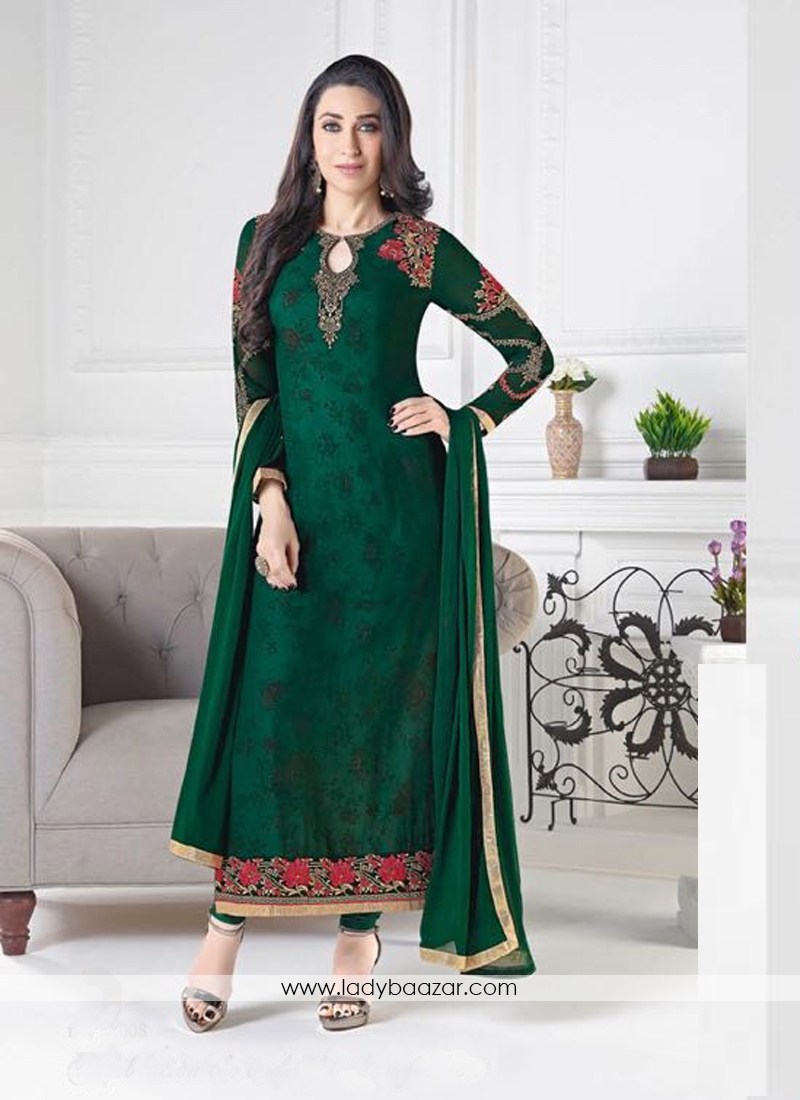 Enchanting Green Crepe Embroidery Work Churidar Salwar Suit