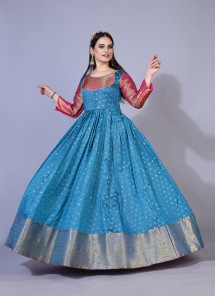 Energetic Teal Blue Colored Partywear Jacquard Gown