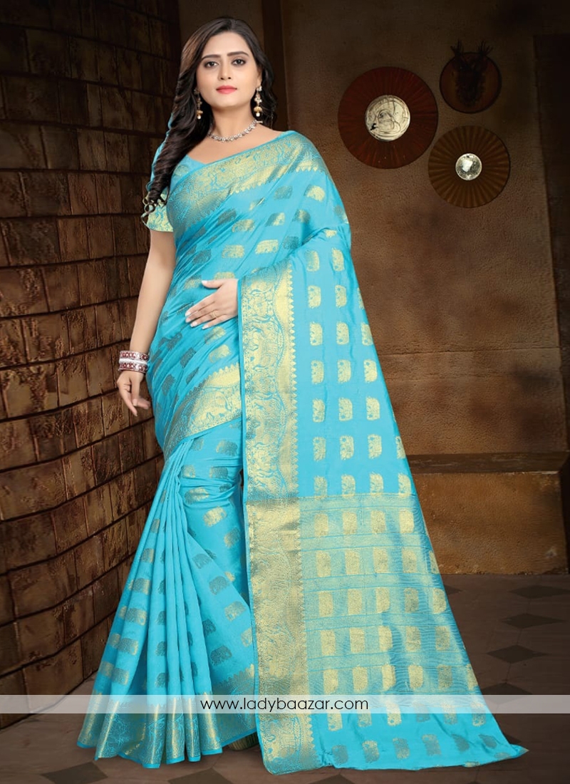 Enthralling Turquoise Banarasi Silk Traditional Designer Saree