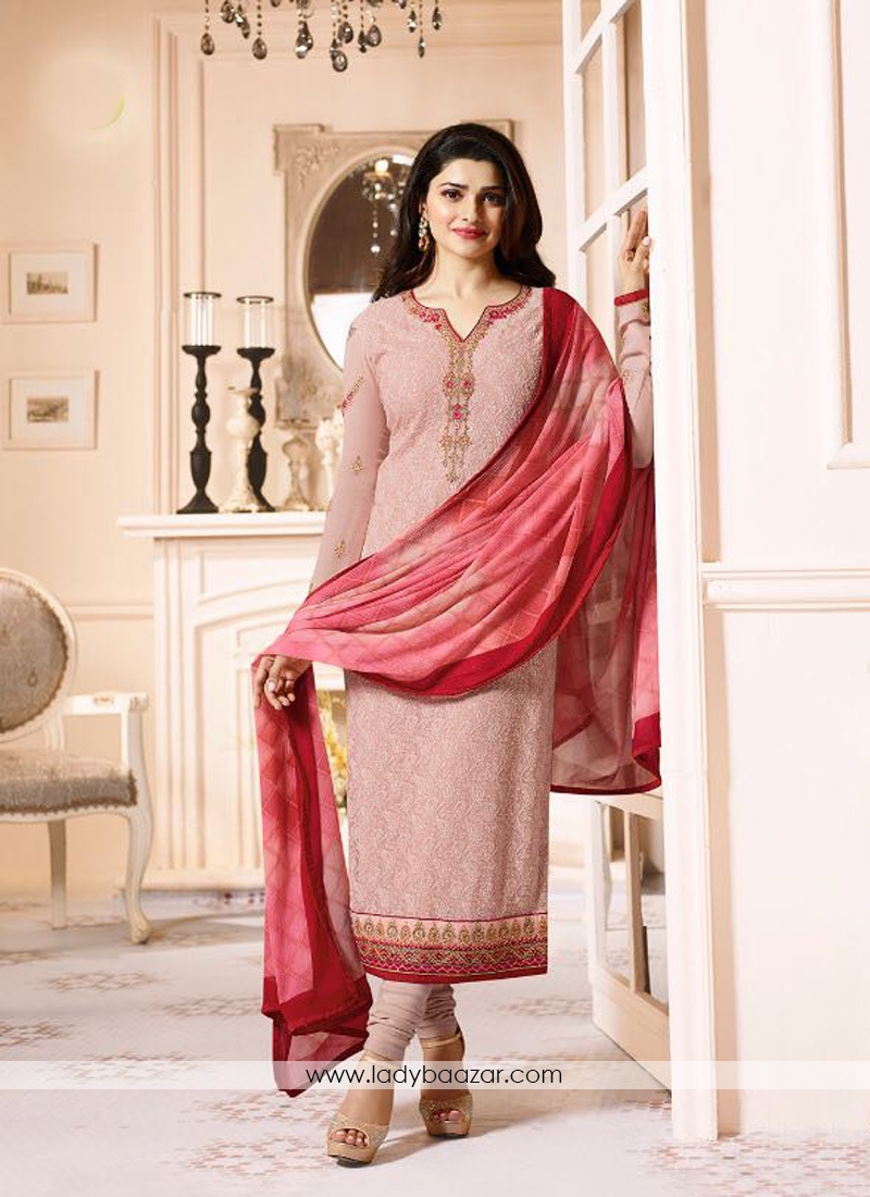 Entrancing Georgette peach Embroidery Work Churidar Dress