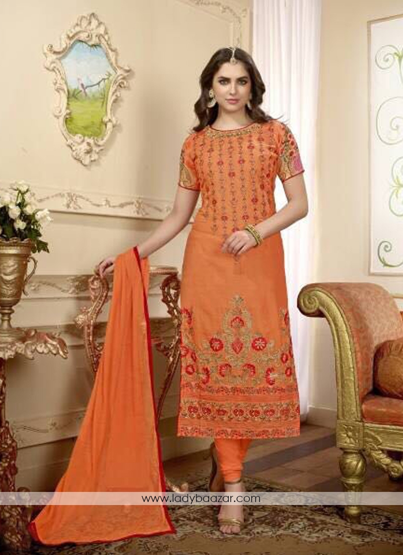 Epitome Orange Embroidery Work Cotton Churidar Dess