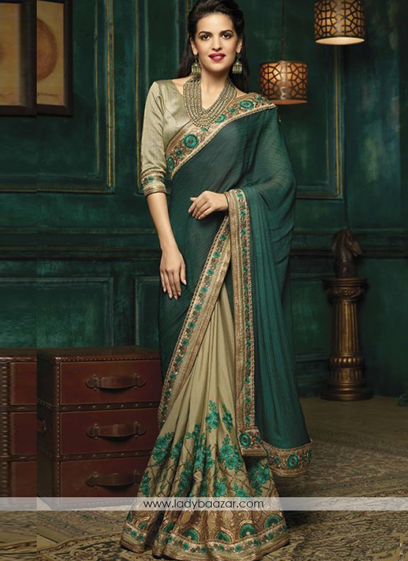 Especial Embroidery Work Beige And  Green Silk Designer Half N Half Saree