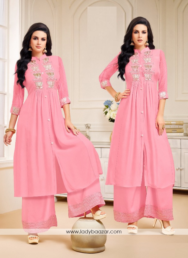 Ethic Chanderi Silk Pink Embroidery Palazzo Salwar Suit