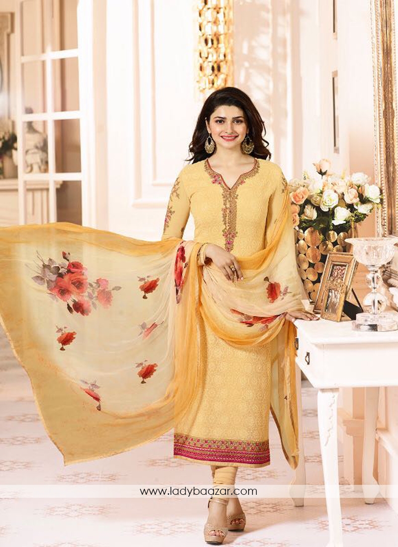 Excellent Yellow Embroidery N Printed Georgette Suit