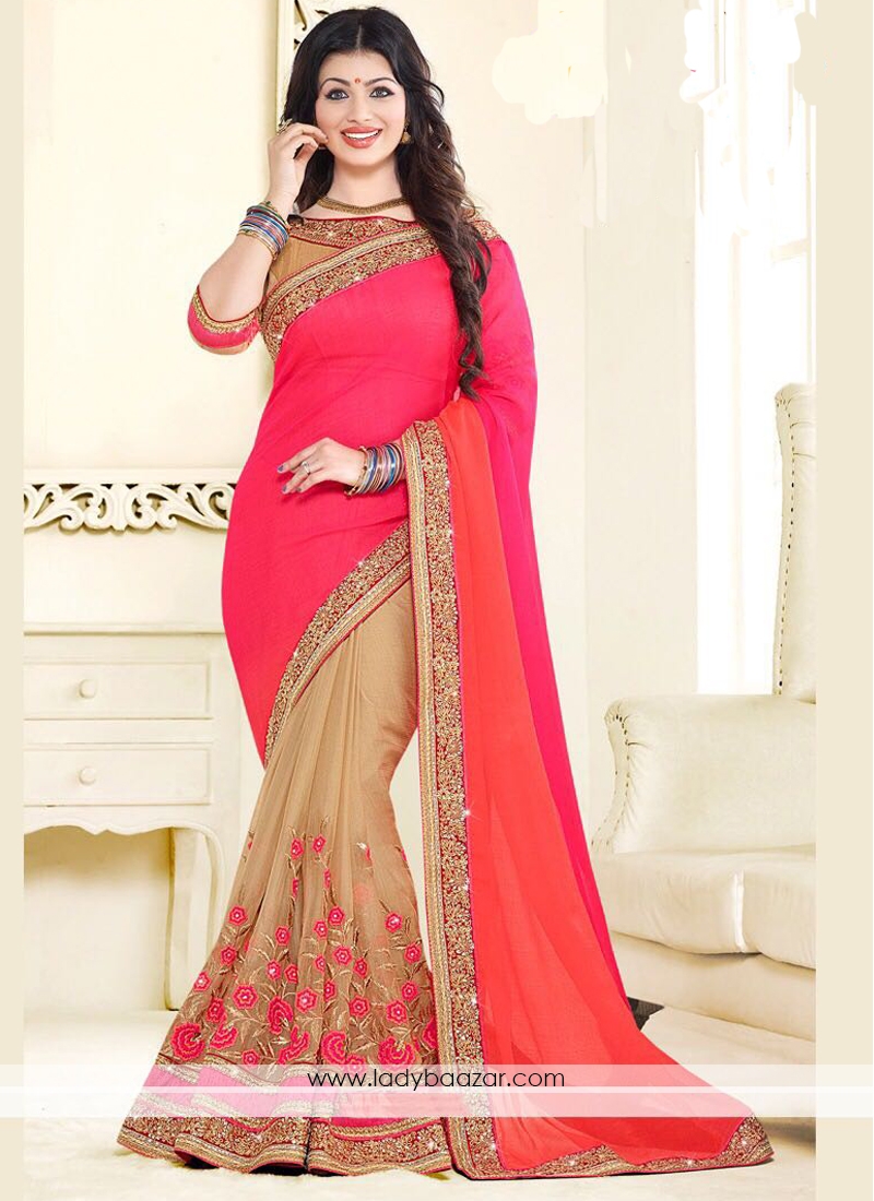 Exciting Beige And Pink Lace Work Designer Half N Half Saree