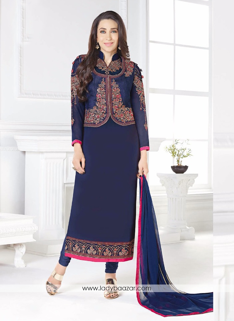 Exuberant  Navy Blue Georgette Embroidery Work Straight Suit