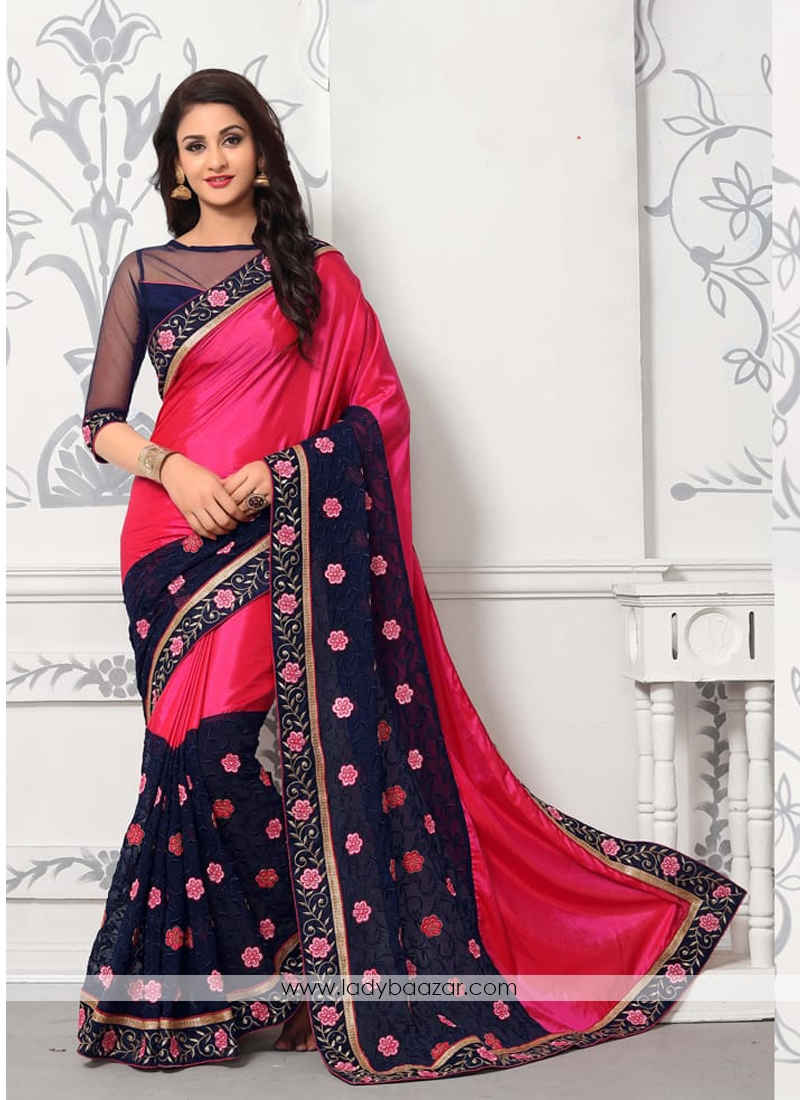 Fabulous Georgette Pink And Navy Blue Designer Half N Half Saree