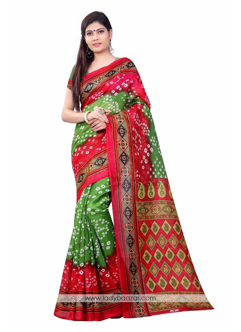 Fascinating Bhagalpuri Silk Green With Red Bandhani Saree