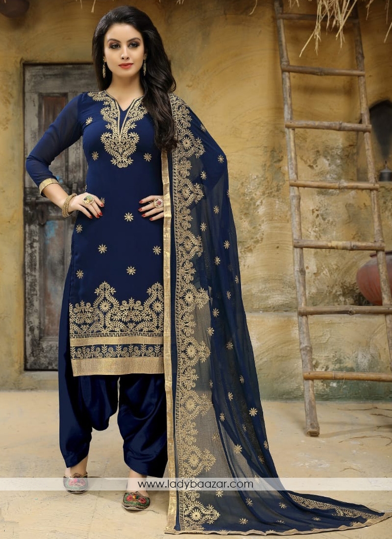 Faux Georgette Embroidered Blue Punjabi Suit