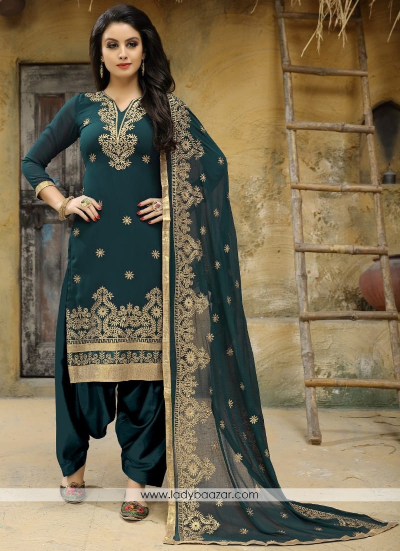 Faux Georgette Embroidered Teal Punjabi Suit