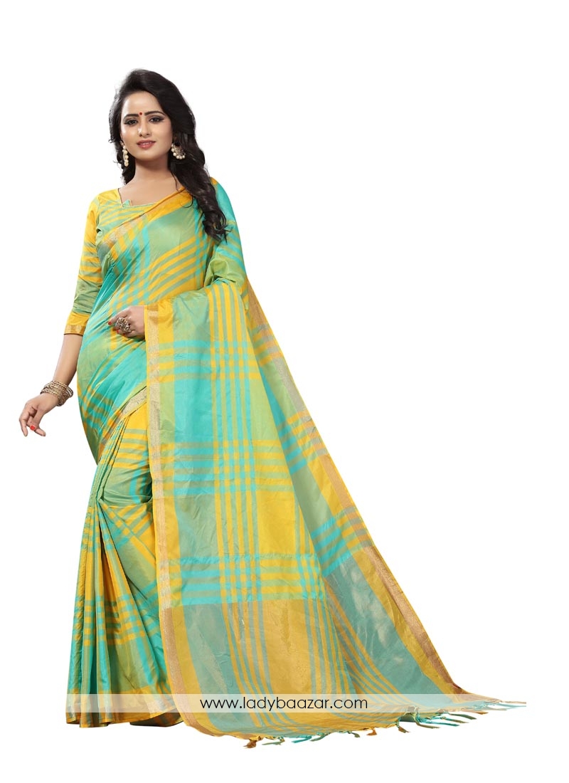 Festal Cotton Silk Yellow With Turquoise Printed Saree