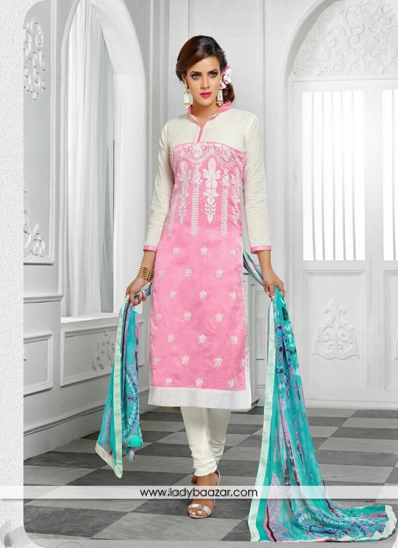 Pink Embroidered Chanderi Cotton Churidar Salwar Kameez