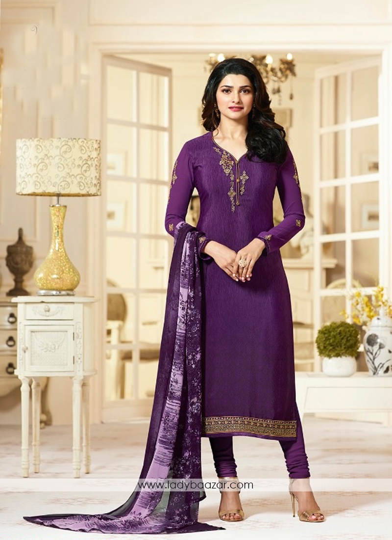 Fetching Purple Crepe Embroidery N Printed Designer Suit