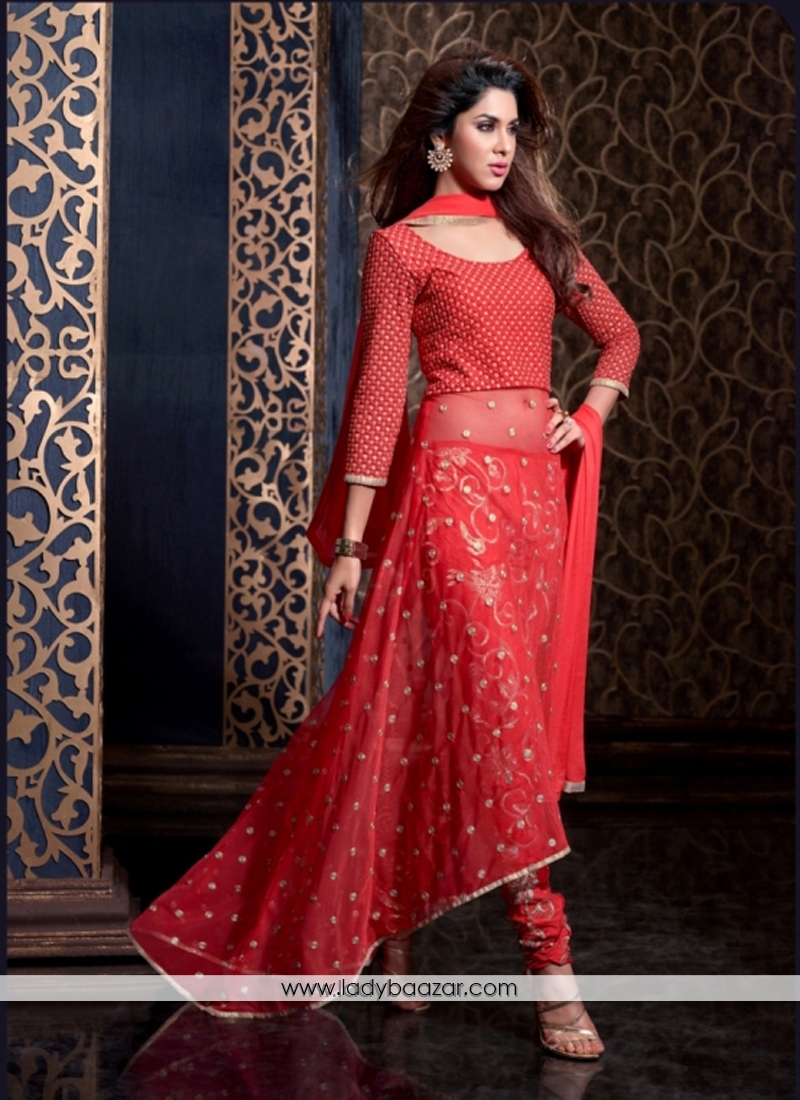 Fetching Red Embroidered Work Net Anarkali Salwar Kameez