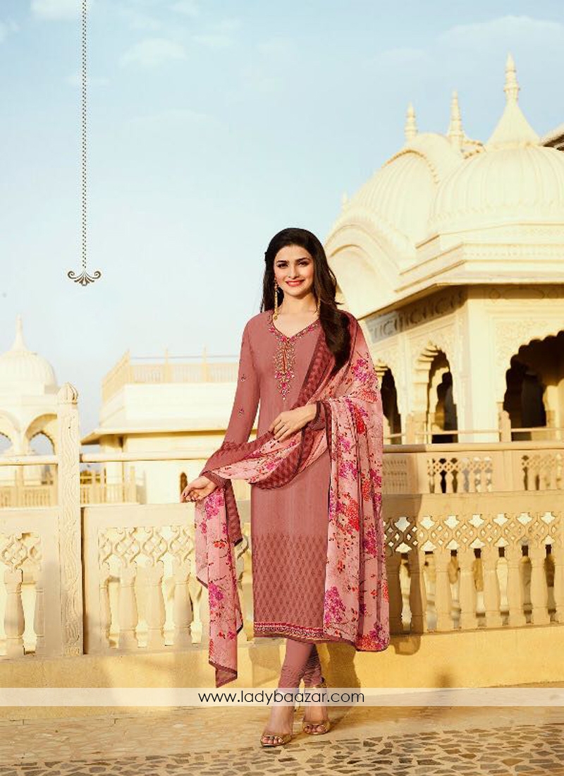 Flattering Red Embroidery Work Crepe Churidar Suit