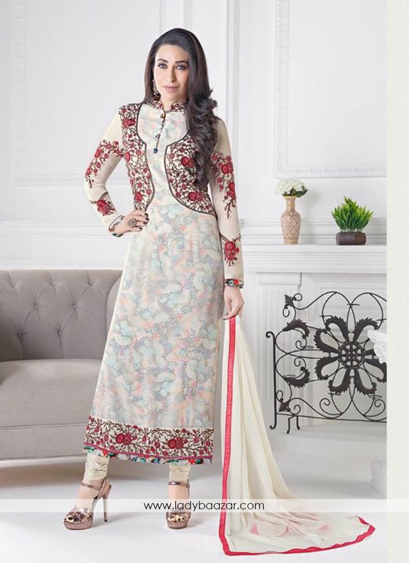 Flawless  Off White Crepe Embroidery Work Churidar Dress