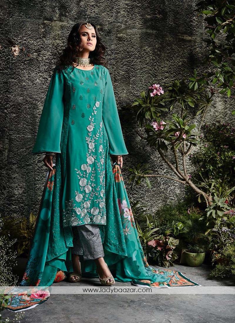 Georgette Embroidered Designer Palazzo Suit In Teal