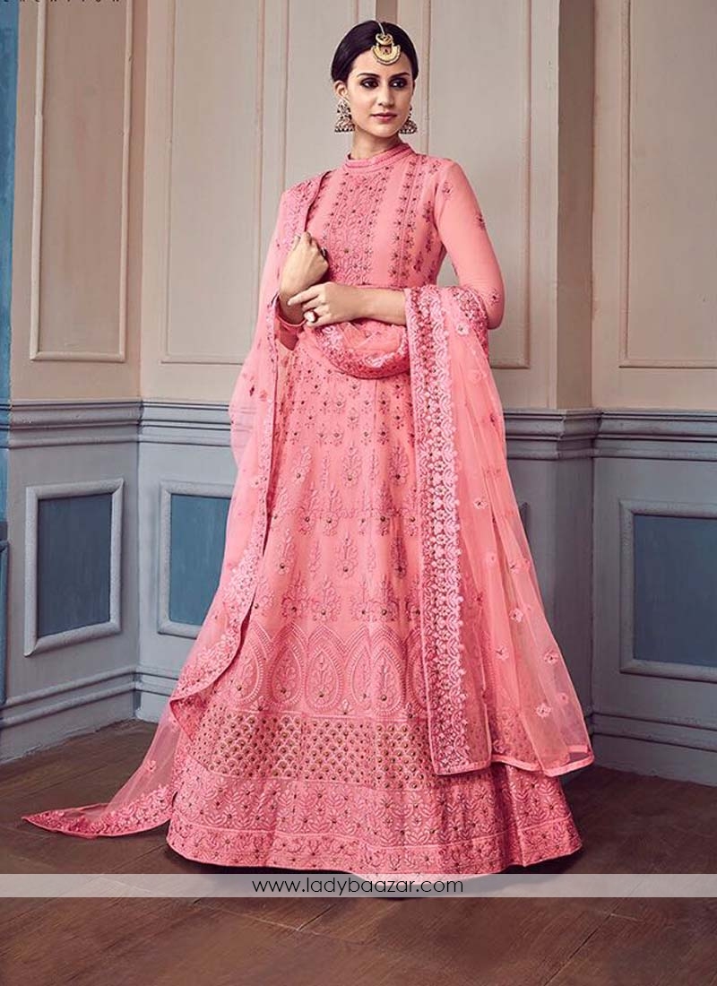 Georgette Pink Embroidered Work Anarkali Suit