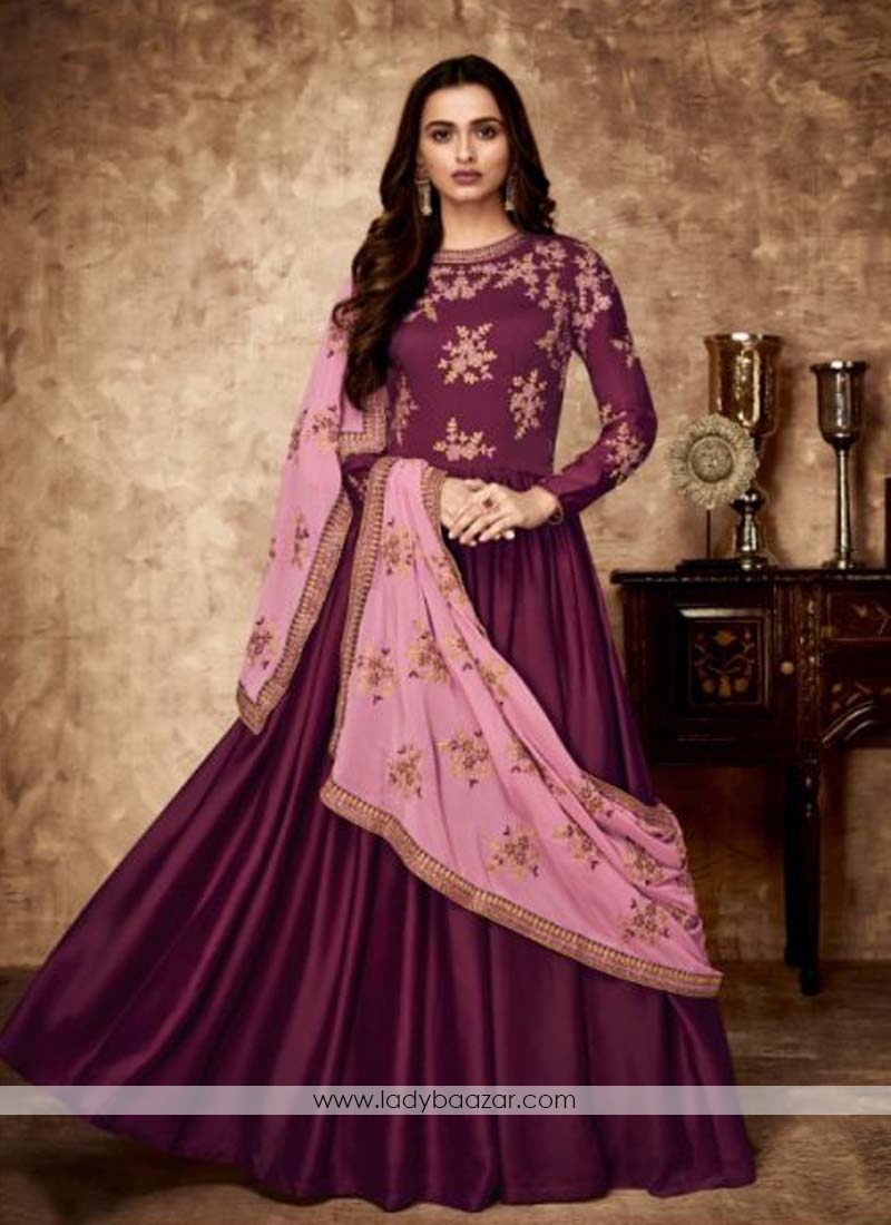 Georgette Purple Resham Floor Length Anarkali Suit