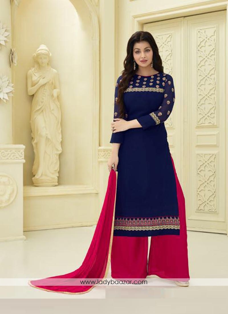 Gilded Navy Blue Faux Georgette Embroidery Work Palazzo Style Salwar Suit