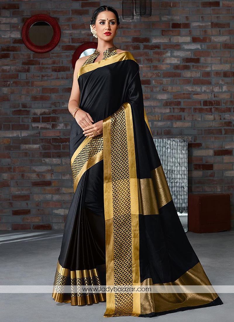 Girlish Printed Black Cotton Silk Casual Saree