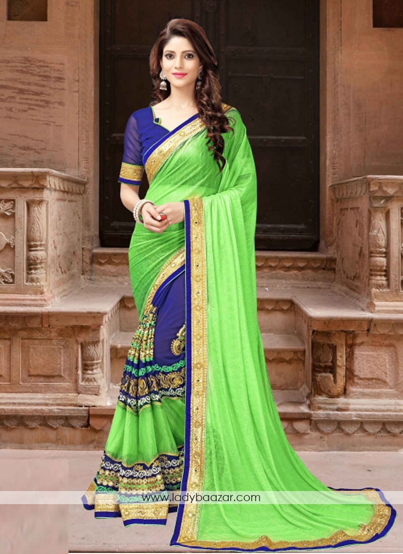 Glamorous Blue With Light Green Designer Traditional Saree