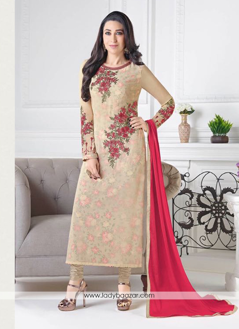 Glamorous Cream Crepe  Embroidery Work Straight Suit