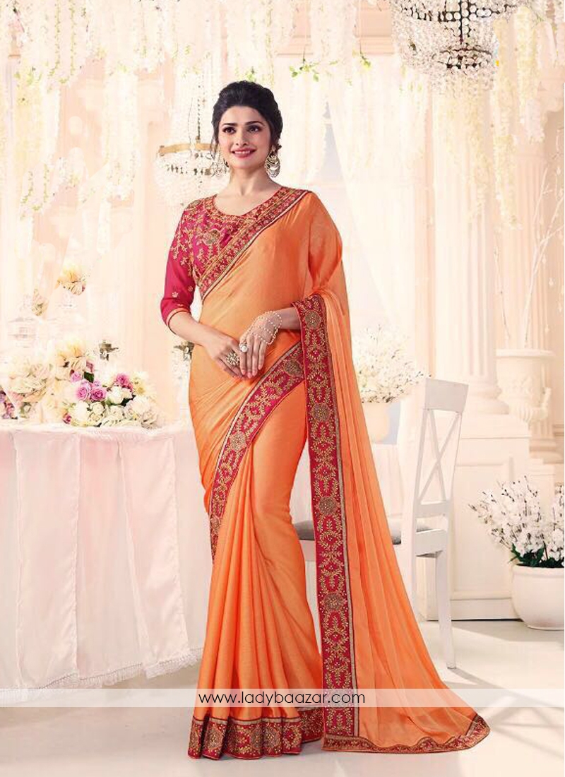 Glamorous Silk Embroidery Work Orange Designer Saree