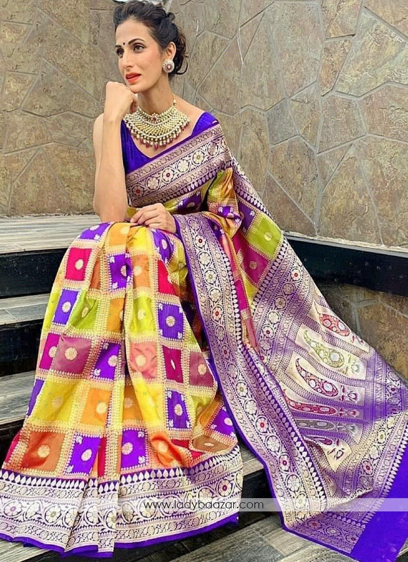 Gleaming Satin Silk Abstract weaving Print Multi Designer Saree