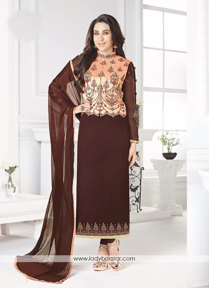 Glorious Brown Georgette Embroidery Work Salwar Suit